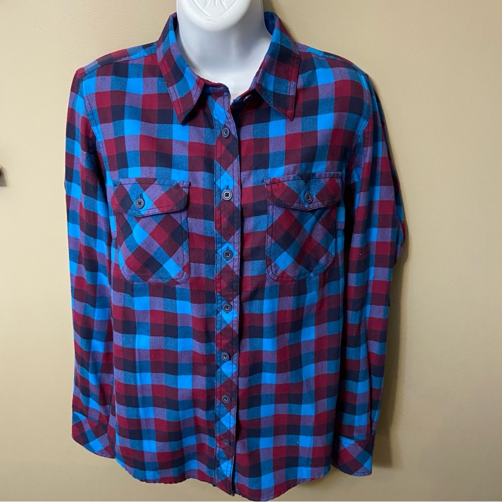 Duluth Trading Co-Flannel Blue & Burgundy Plaid Button Down Women’s Shirt Size S
